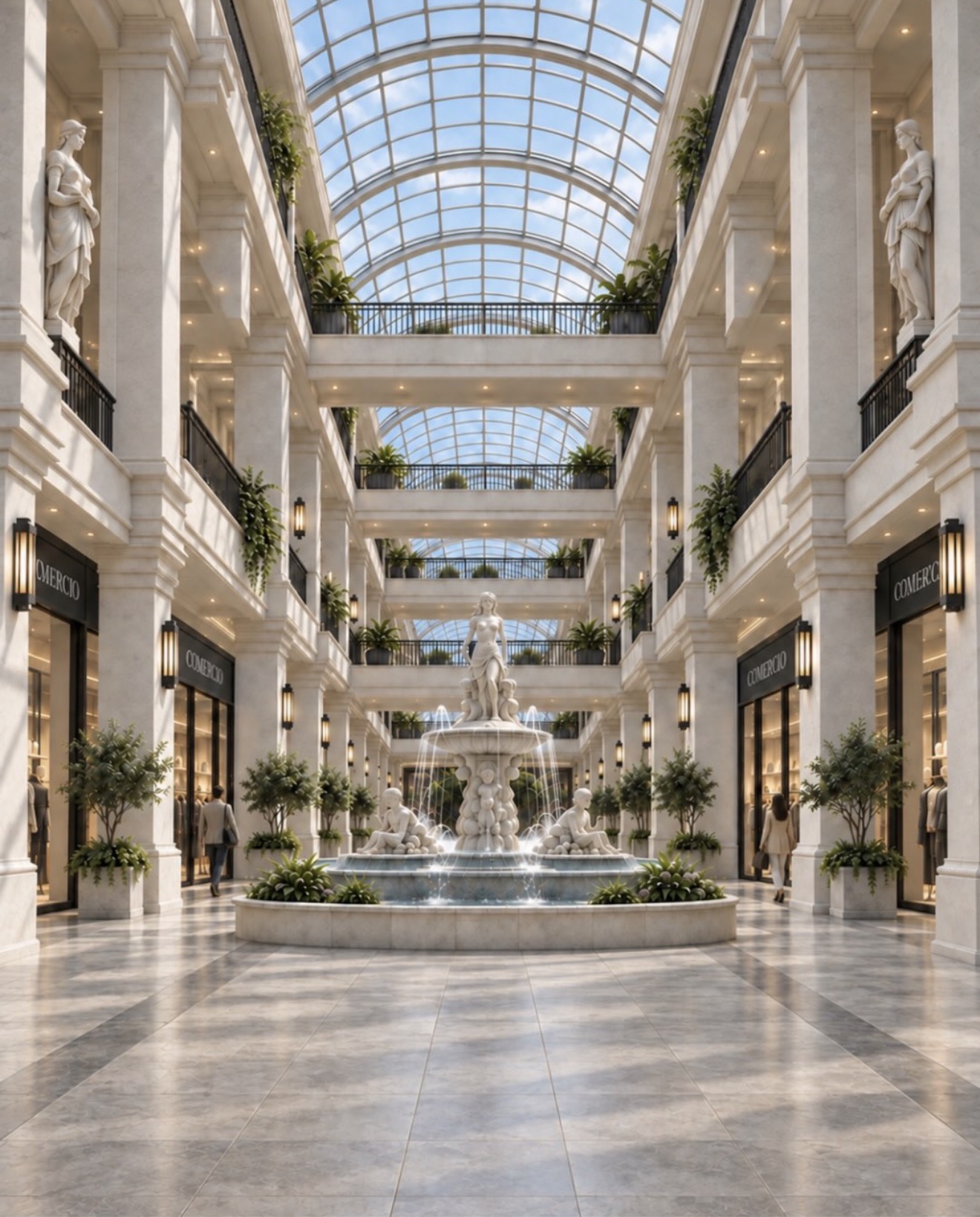 Galería central de tres niveles con columnas, estatuas y fuente de inspiración grecorromana