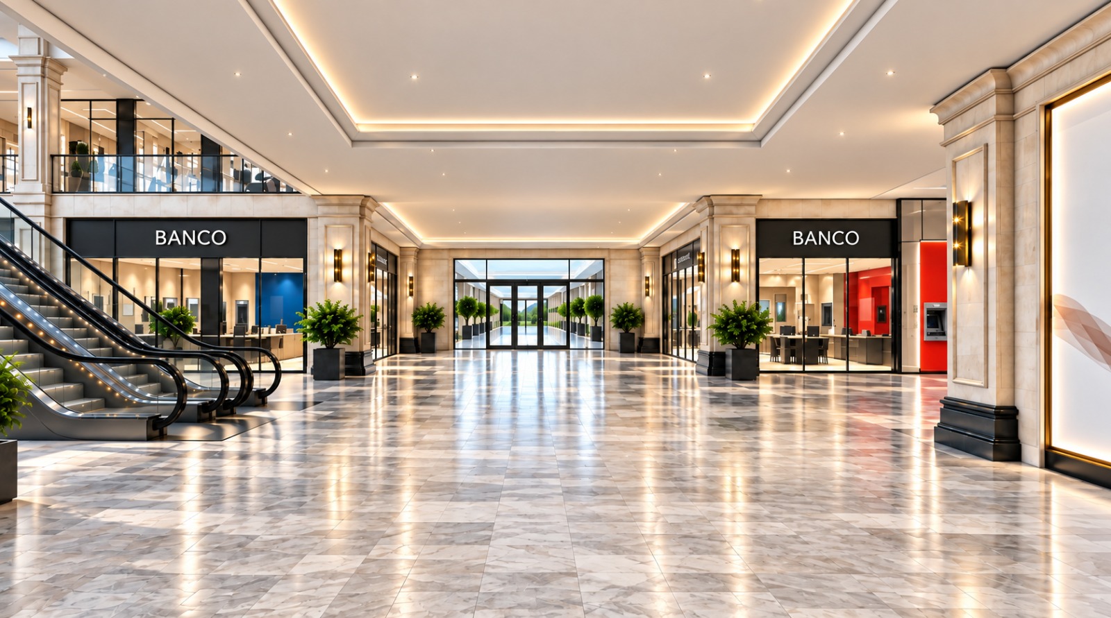 Centro financiero proyectado con bancos y servicios financieros en Ópera Mall