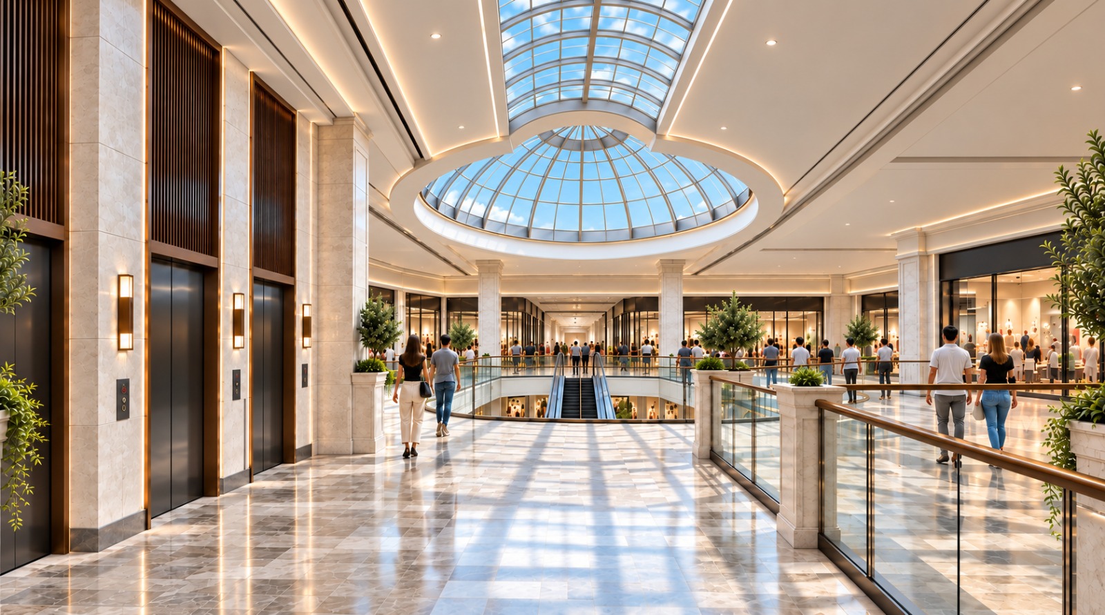 Vista interior del tercer nivel, sus pasillos y el domo de cristal de Ópera Mall