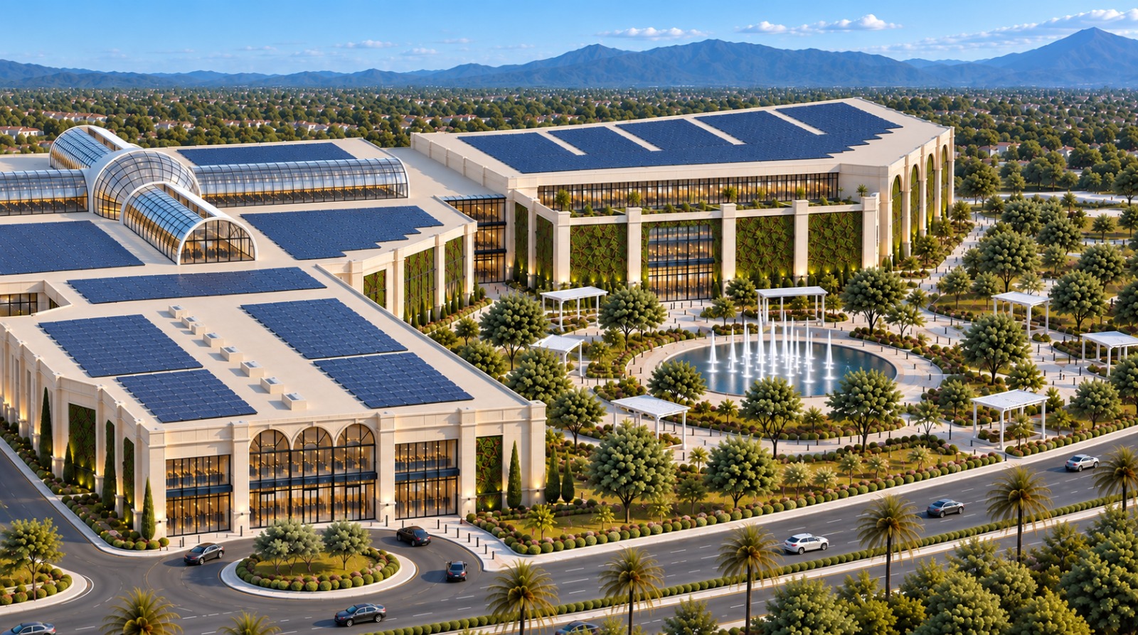 Vista exterior de Ópera Mall con paneles solares, jardines y cubiertas de vidrio