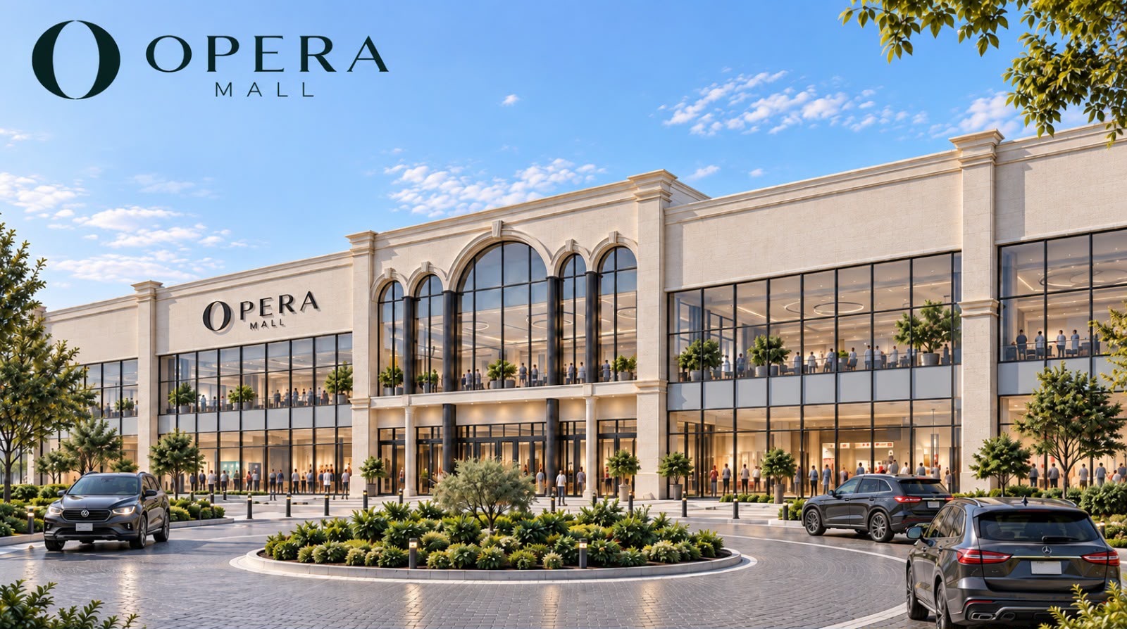 Fachada principal de Ópera Mall con arquitectura grecorromana contemporánea